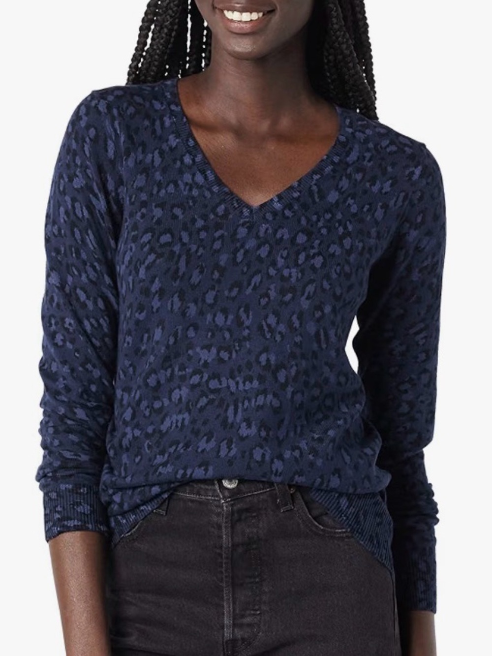 Women's Lightweight Long-Sleeve Navy Leopard V-Neck Sweater Size XL